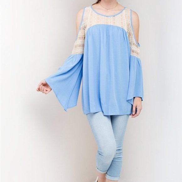 Kori America Lace Keyhole Sleeve Top, Blue - Picture 5 of 6